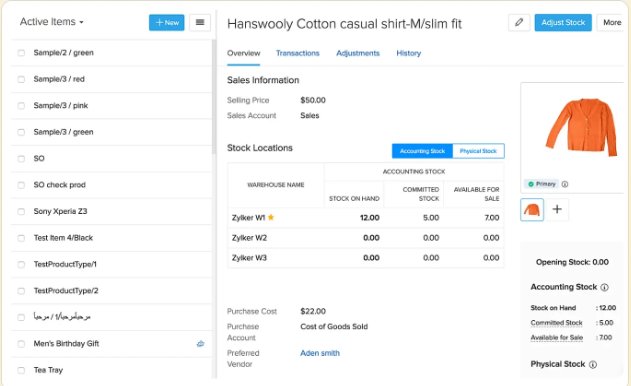 Zoho Inventory screen: stock that adds up